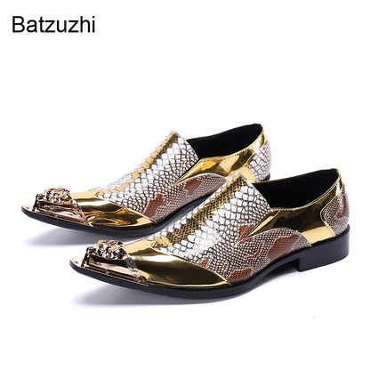 Batzuzhi Men's Shoes Luxury Handmade Pointed Toe Leather Dress Shoes Men Slip on Gold Oxfords for Men Partry/Wedding, EU38-46