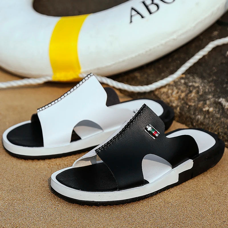 Comfortable Sandals Men Summer Slippers Fashion Peep Toe PU Flip Flops Shoes Male Outdoor Non-slip Flat Beach Slides Big Size