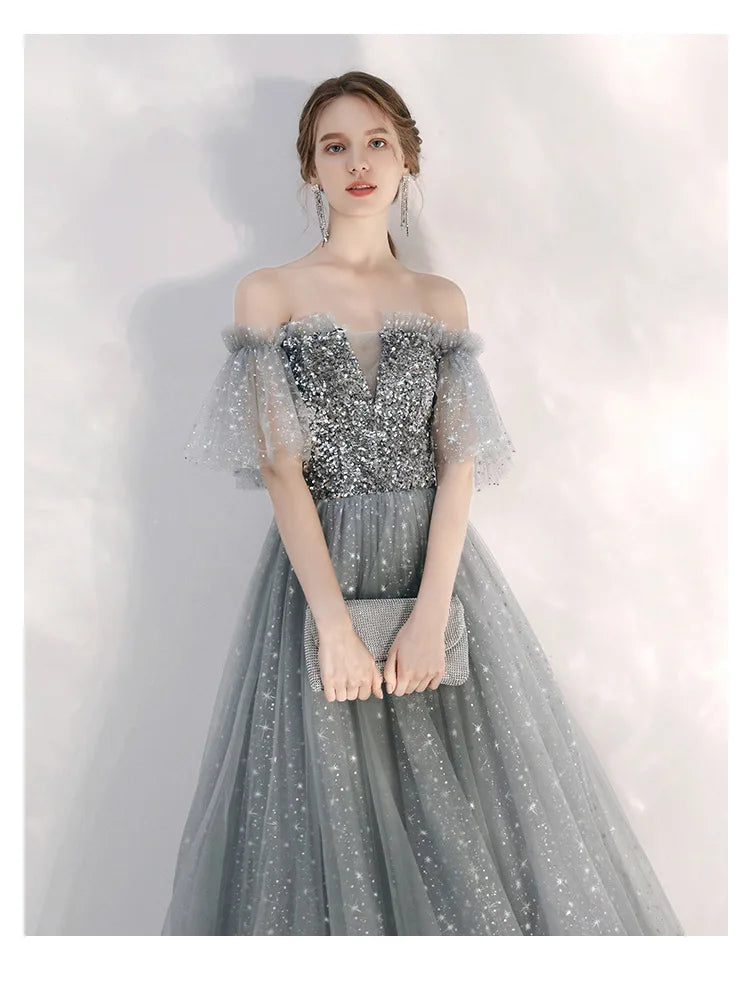 Customized Long Silver Gray Evening Dresses Sweet Celebrity Sequin Graduation Robes Soiree Dinner Wedding Party Dress Women