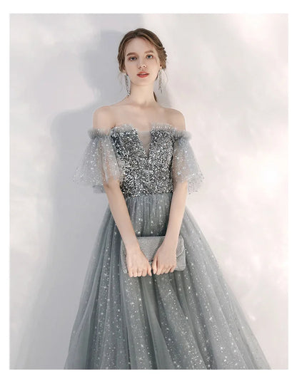 Customized Long Silver Gray Evening Dresses Sweet Celebrity Sequin Graduation Robes Soiree Dinner Wedding Party Dress Women