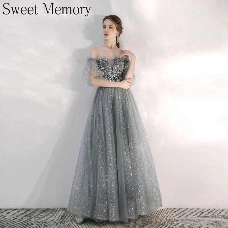 Customized Long Silver Gray Evening Dresses Sweet Celebrity Sequin Graduation Robes Soiree Dinner Wedding Party Dress Women