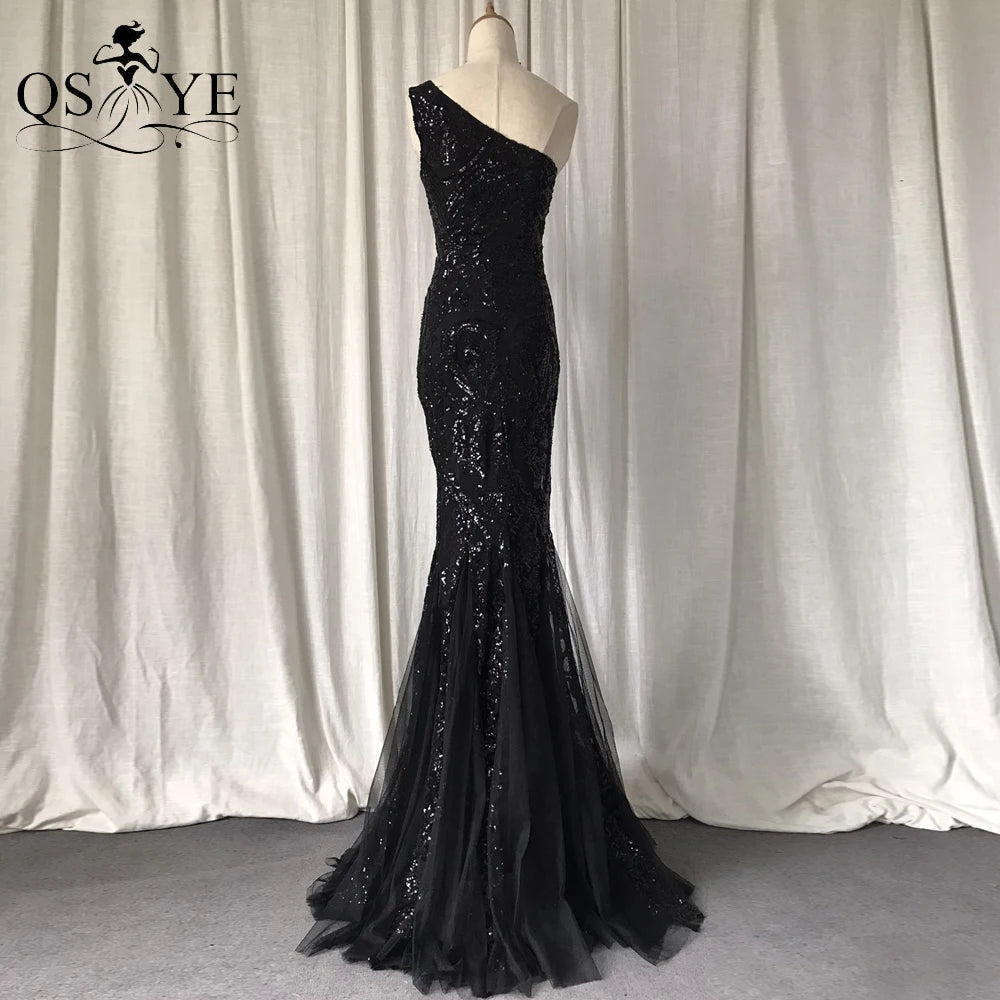 One Shoulder Sequined Black Evening Dresses Glitter Pattern Lace Mermaid Prom Gown Long Formal Party Women Fashion Dress 2025