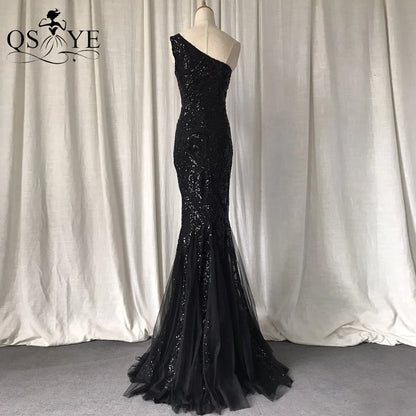 One Shoulder Sequined Black Evening Dresses Glitter Pattern Lace Mermaid Prom Gown Long Formal Party Women Fashion Dress 2025
