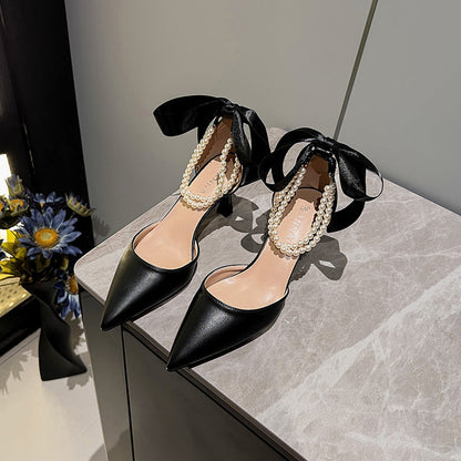 Hollow Pearl Chain Bow White Wedding Shoes