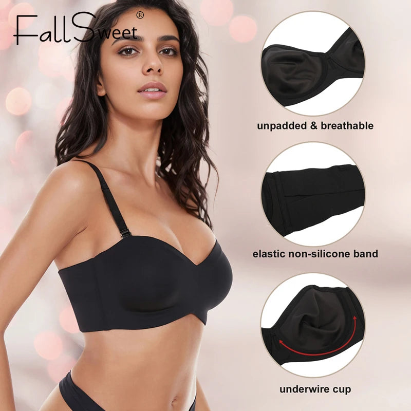 FallSweet Strapless Bandeau Bras for Women  Non-Slip Unlined  Brassiere Invisible Lifting Lingerie Plus Size Support