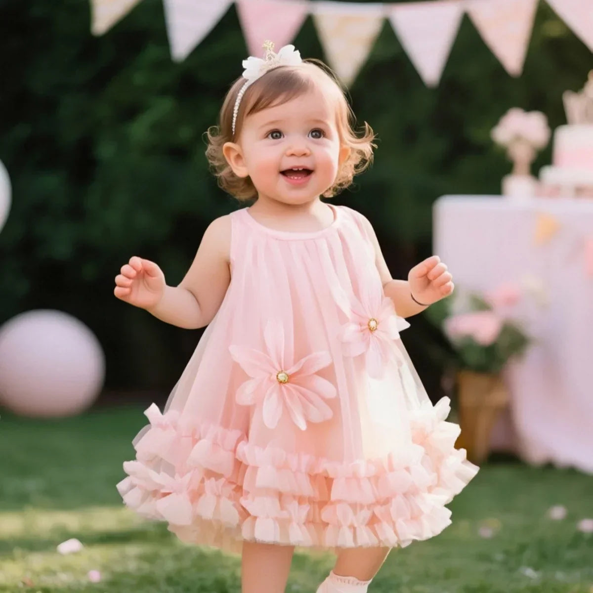 Girl Party Dress Summer New Sleeveless Solid Color Baby Girl Clothing Mesh Pleated Edges 3d Flowers Girl Costume