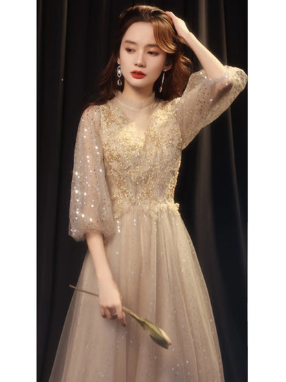 Champagne Color Evening Gown Women's 2026 New Banquet Host Luxury Small ence High-end Birthday Adult Ceremony Princ Skirt