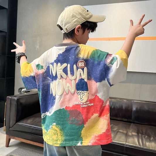 Summer Boys T-shirt High Quality Sweat Wicking Breathable Top Digital Spray Printed Children's Clothing High Street Kids Clothes
