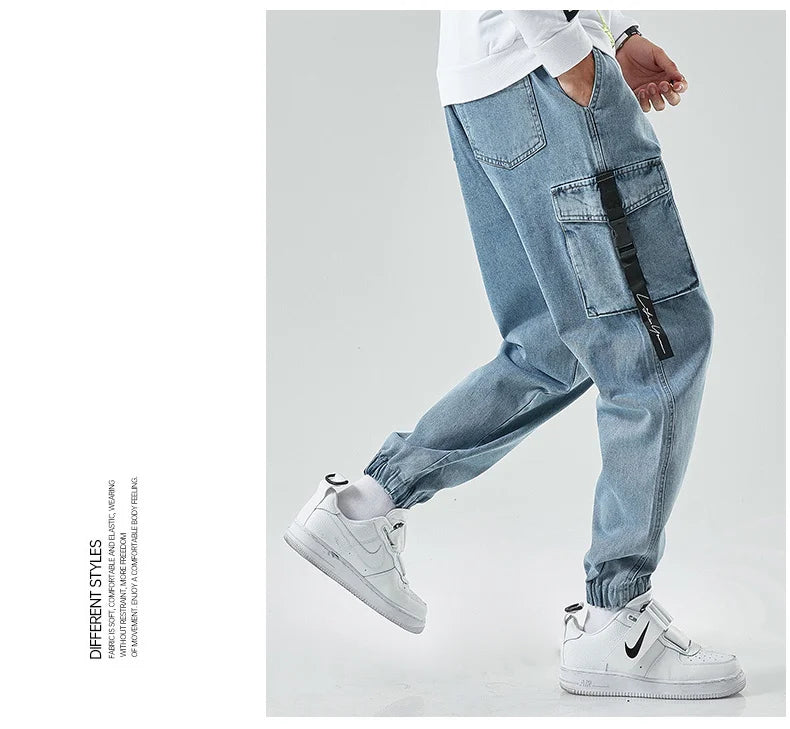 Men Joggers Cargo Denim Pants Baggy Harem Japanese Streetwear Styke Male Ankle Harajuku Casual Hip Hop Jeans Trousers Men