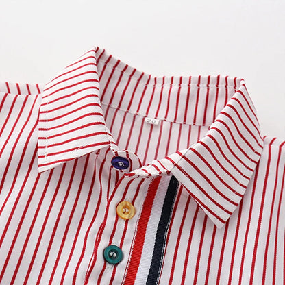 Summer Boys Clothing Set Cotton Striped Short Sleeve Lapel Shirt Pants 2Pcs Suit For 2-6 Years Kids Casual Outfits Elegant Suit