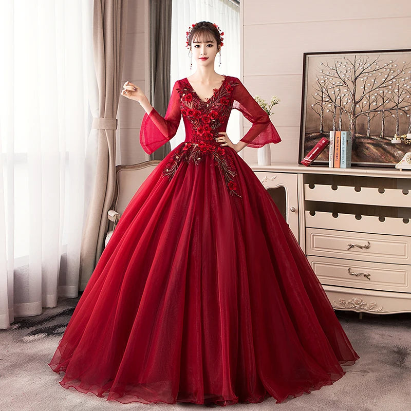 Wine long sweat half sleeve lady girl women princess bridesmaid banquet party ball prom dress gown