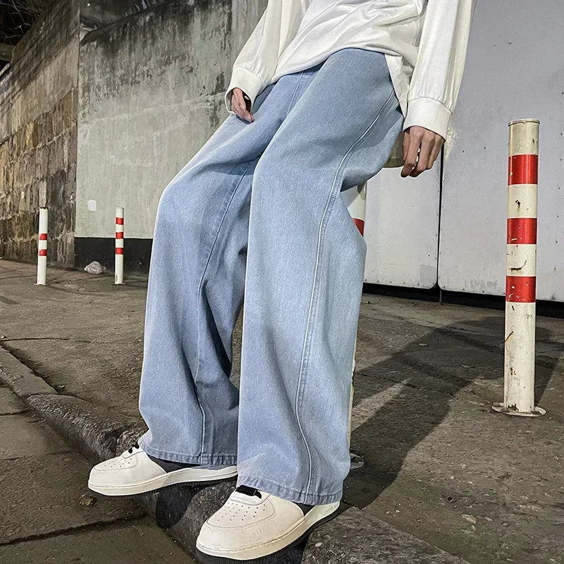 2025 New Streetwear Loose Jeans Men Korean Style Fashion Loose Straight Wide Leg Pants Men's Brand Clothing Black Light Blue 3XL