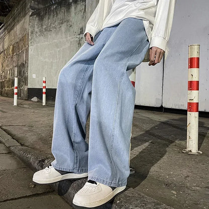 2025 New Streetwear Loose Jeans Men Korean Style Fashion Loose Straight Wide Leg Pants Men's Brand Clothing Black Light Blue 3XL