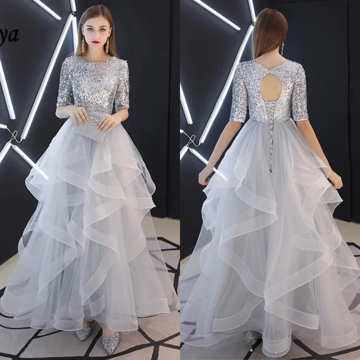It's YiiYa Evening Dresses Gray Sequins Half Sleeve Tiered Hems Floor-length Fromal Plus size Party Gowns LX1398 robe de soiree