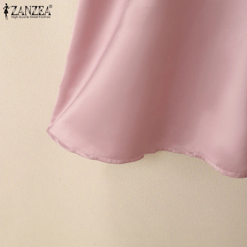 ZANZEA Elegant Woman Party Dresses Shiny Satin Round Neck Short Sleeve Fabric Flower A-line Robes Femme Fashion Midi Vestidos