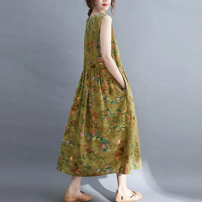 Women Summer Sleeveless Casual Dress New Arrival Vintage Style Floral Print Loose Cotton Linen Female Long Dresses V1069