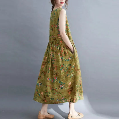 Women Summer Sleeveless Casual Dress New Arrival Vintage Style Floral Print Loose Cotton Linen Female Long Dresses V1069