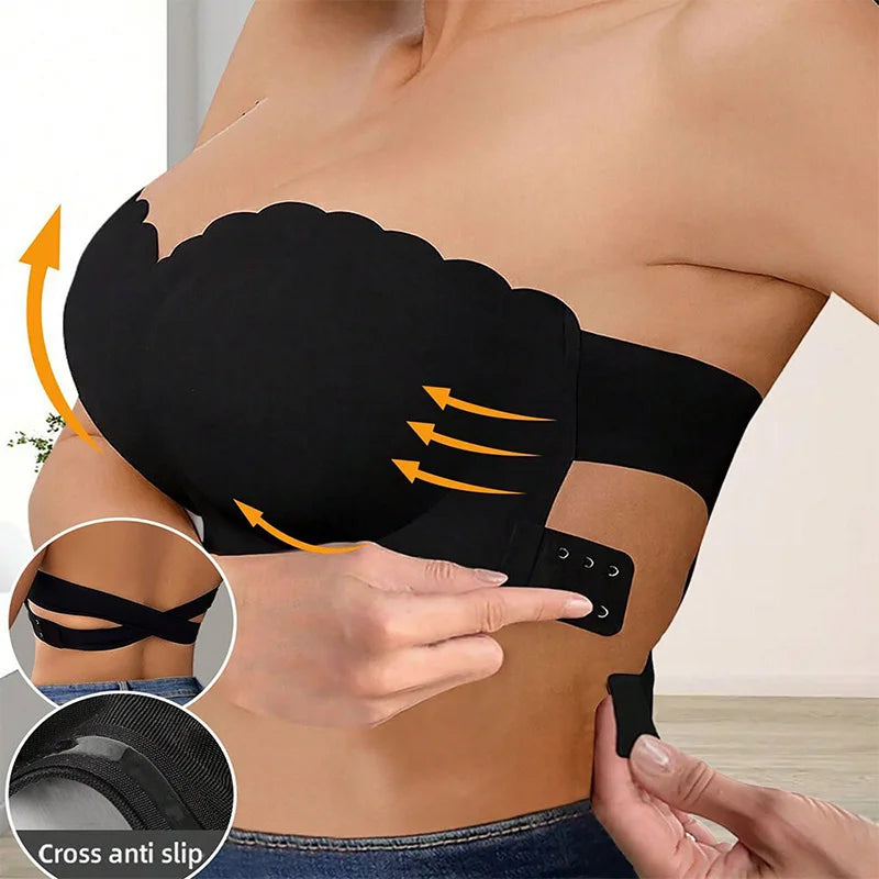 Women's Sexy Strapless Wavy Trim Bandeau Bra Seamless Backless With Side Clasp Ice Silk Top Women Anti-slip Off-shoulder Bra