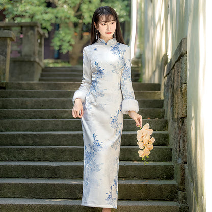 Winter Thiened Fce Lined Young Sle Improved  Chinese Cerc Blue Floral Print Daily Wear Warm Long Sve Dr