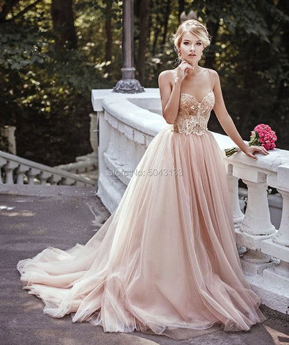 Customized Spaghetti Straps Blush Pink Tulle Wedding Dresses Sequin Lace Sleeveless Bridal Gowns Off Shoulder  de Noiva