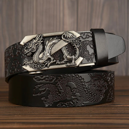 Male Genuine Leather Belts Casual Ratchet Belt with Automatic Buckle Luxury Design Dragon Pattern Belts for Business Men Strap