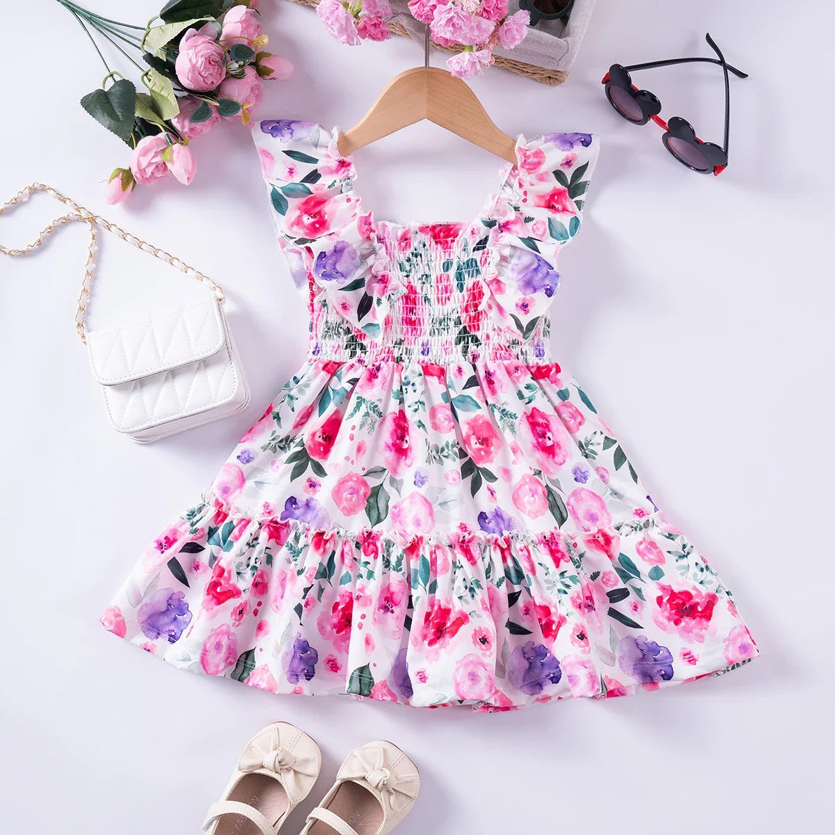 Summer Girls New Flying Sleeve Dress Floral Print Skirt Fashionable Versatile Square Neck Dress