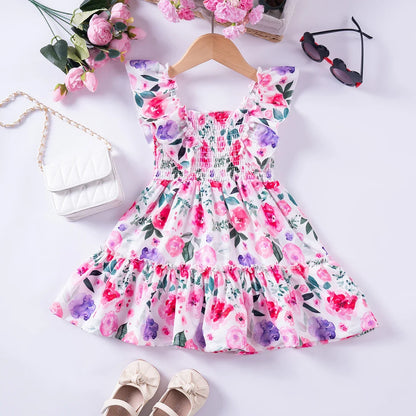 Summer Girls New Flying Sleeve Dress Floral Print Skirt Fashionable Versatile Square Neck Dress
