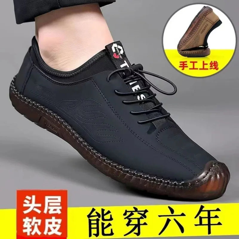 Men's Low-Top Breathable Leather Shoes Spring New Style Casual Soft Bottom Versatile Hollow out Design Comfortable All-Match