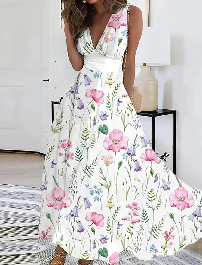 Summer Women Dress Fashion Sexy V-Neck Sleeveless Higt Waist Long Dresses Elegant Office Printing Holiday Party Dress Vestidos