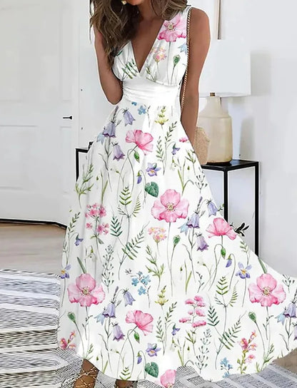 Summer Women Dress Fashion Sexy V-Neck Sleeveless Higt Waist Long Dresses Elegant Office Printing Holiday Party Dress Vestidos