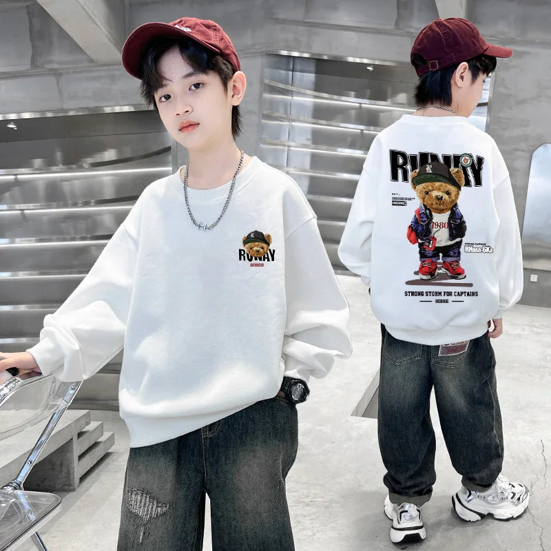 Boys Cartoon Bear Sweatshirts Loose Sports Round Neck Tops New Spring Autumn Clothing Toddler Trendy Printed Long-sleeved Hoodie