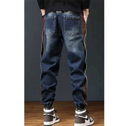 Autumn Men Trendy American Vintage Patchwork Loose Denim Cargo Pants Y2K Casual Streetwear Pockets Baggy Jeans Pantalones Hombre