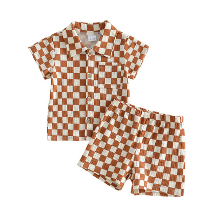 Toddler Baby Boys Summer Outfit Fashionable Plaid Short Sleeve Lapel Shirt with Shorts 2Pcs Set