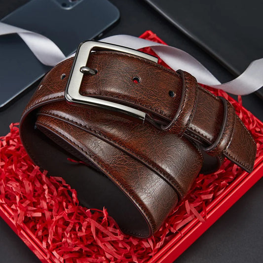 Men's Belt Boys Genuine Leather Belt Pin Buckle Belt Brown Middle-aged Youth Casual Trendy Men's Belt，Ideal for gifting
