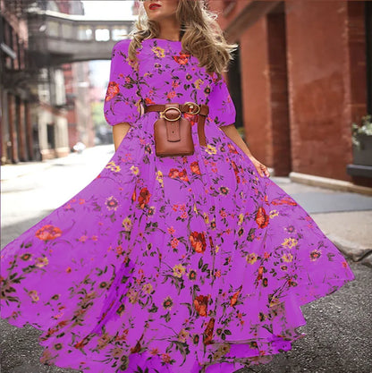 Spring Summer Vintage Flower Floral Print Maxi Dress Office Lady Fashion Elegant Long Sleeve O-neck Dresses For Women 2024