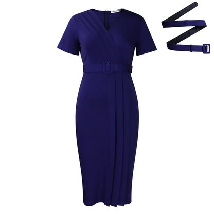 Summer Elegant Office Dresses For Women V Neck Fashion Sexy Short Sleeve Belt Waisted Wear Dress Midi Dress Women Clothing