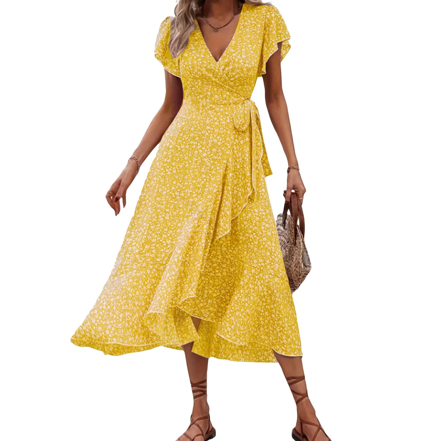 Women's Summer Flower Print Ruffle Dress Fashion Elegant Short Sleeve Wrap V Neck Tie Side Dresses