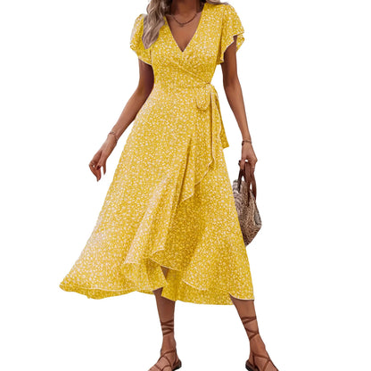 Women's Summer Flower Print Ruffle Dress Fashion Elegant Short Sleeve Wrap V Neck Tie Side Dresses