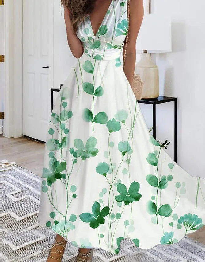 Summer Women Dress Fashion Sexy V-Neck Sleeveless Higt Waist Long Dresses Elegant Office Printing Holiday Party Dress Vestidos