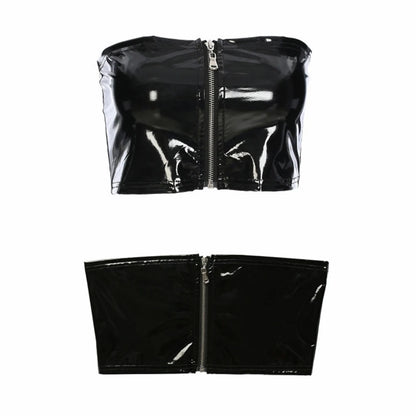 Women's Sexy Pu Crop Vest Black Leather PVC Shiny Zipper Navel Bandeau Bra Tube Bandage Bralet Crop Tank Top Bralette Bustier