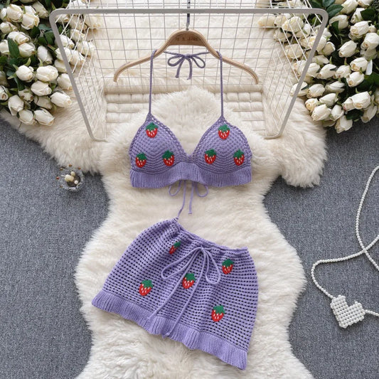 Seaside Vacation Style Hollow Hook Flower Knitted Suit Women's Sweet Hanging Neck Vest High Waist Mini Skirt Two-piece Set