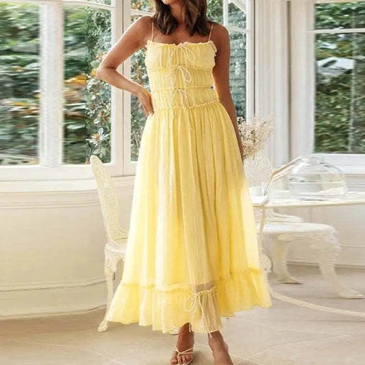 Elegant Sleeveless A Line Party Women Solid Pleated Maxi Romantic Dresses Summer Lady Spaghetti Strap Patchwork Bow Dress