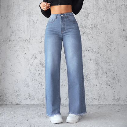 Street Sle High Waist Wide Leg Straight Jeans Women's No Stretch Denim Pants Casual Faion Pure Color Long Trousers