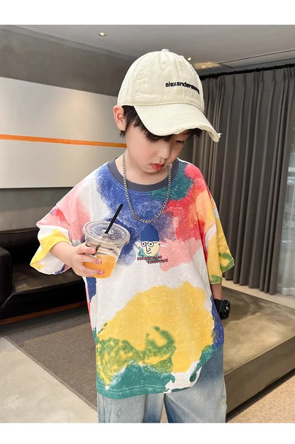 Summer Boys T-shirt High Quality Sweat Wicking Breathable Top Digital Spray Printed Children's Clothing High Street Kids Clothes