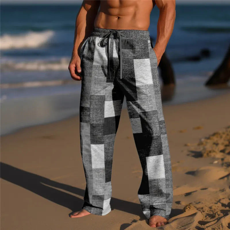 Plaid Color Block Men's Resort 3D Printed Casual Pants Trousers Elastic Waist Fit Straight-Leg Pant Summer Beach Pants 6XL
