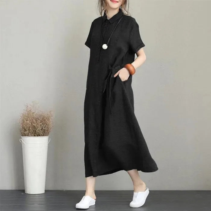 plus Size Cotton Linen Long Dr High Waist Slimming Women's Dr Summer 2023 A-Line irt Dr  Collar ort Sve