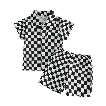 Toddler Baby Boys Summer Outfit Fashionable Plaid Short Sleeve Lapel Shirt with Shorts 2Pcs Set