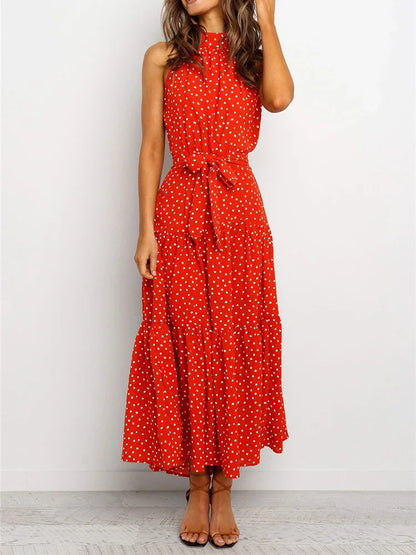 Boho Long Dress Women Flower Print Retro Party Dresses Female Shoulderless Lace Up Sleeveless Halter Summer Vintage Maxi Dress