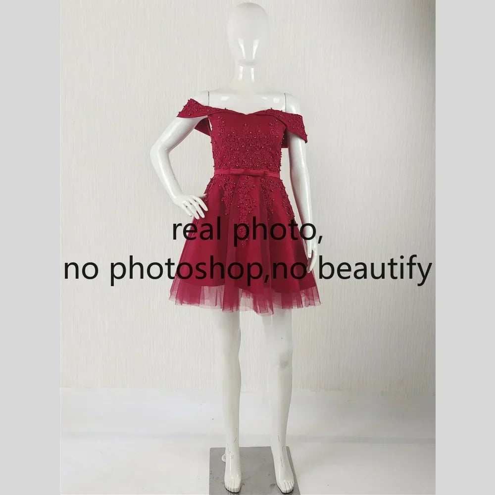 It's Yiiya Customization Real Photo Prom Dress Wine Red Beads Off the Shoulder A-line Knee-length Lace up Plus size Formal Gown
