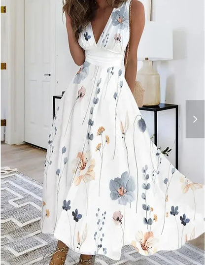 Summer Women Dress Fashion Sexy V-Neck Sleeveless Higt Waist Long Dresses Elegant Office Printing Holiday Party Dress Vestidos